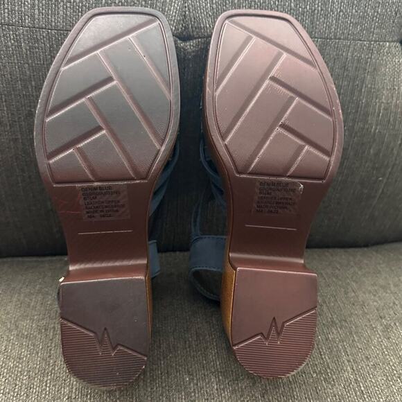 House of Harlow 1960 Georgia Denim Blue Leather Strappy Platform Sandals 6.5M - Picture 5 of 11